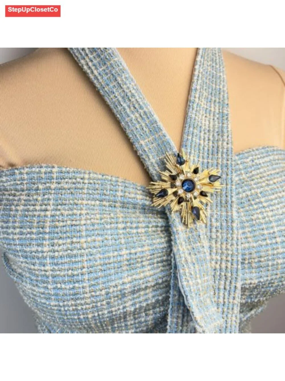 Gold Tone Starburst Statement Brooch with Yellow Center Stone and Crystals for